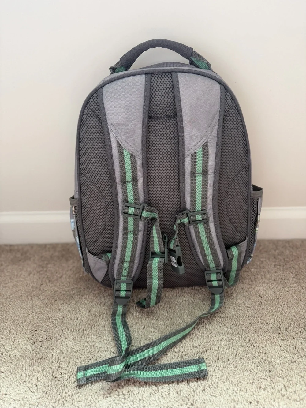 Pottery Barn Kids Gray Backpack with Green Accent Straps featuring Grogu Print